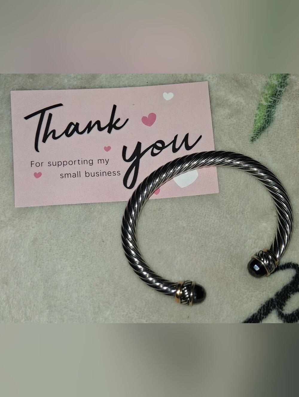 Silver-Tone Cable Cuff Bracelet with Black Stone Endcaps